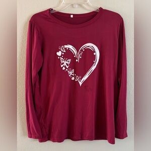 Women's Heart Top Red Shirt with White Graphic Heart Size Small Long Sleeves